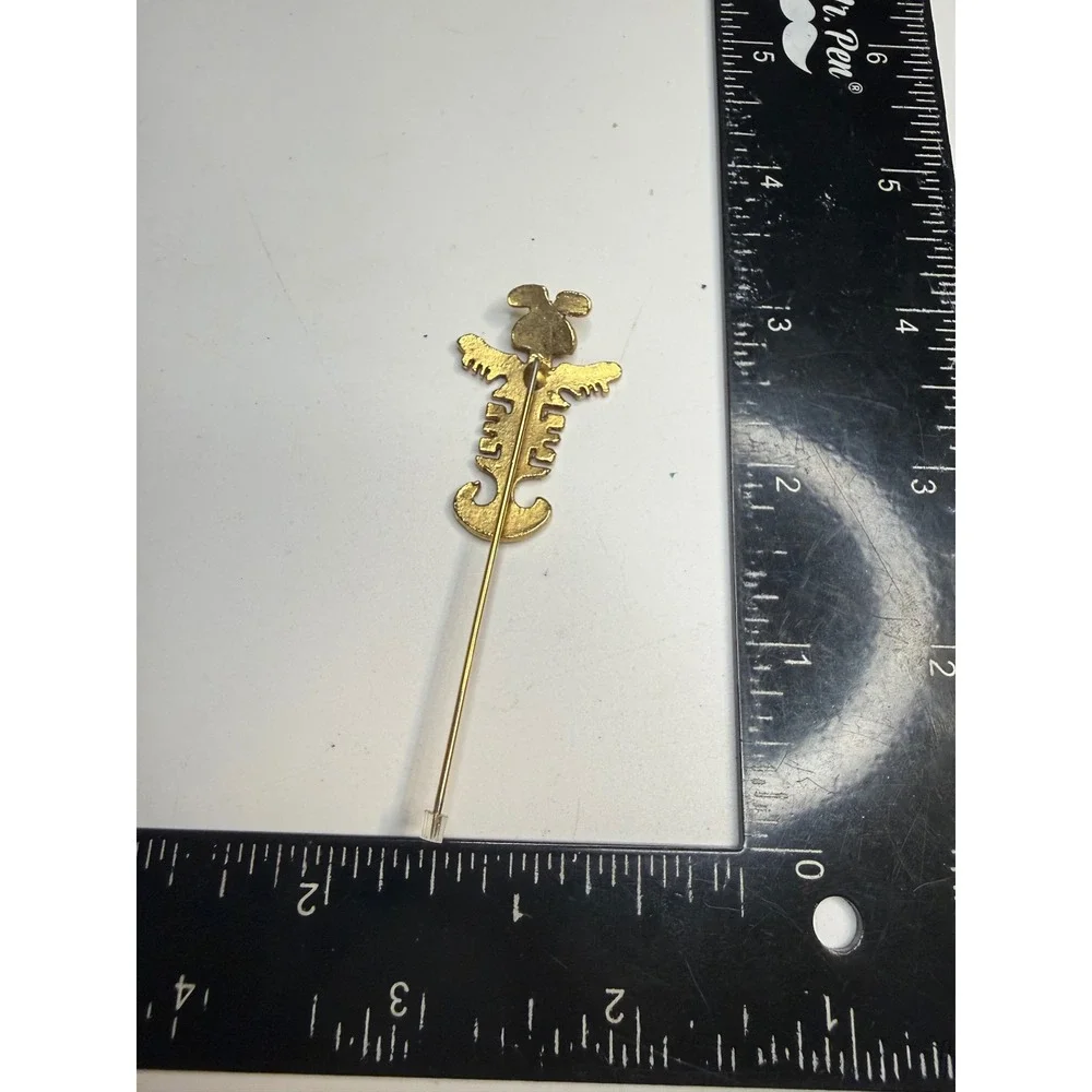 Gold Tone Pre-Columbian Style Anthropomorphic Figure Stick Pin Lapel Accessory
